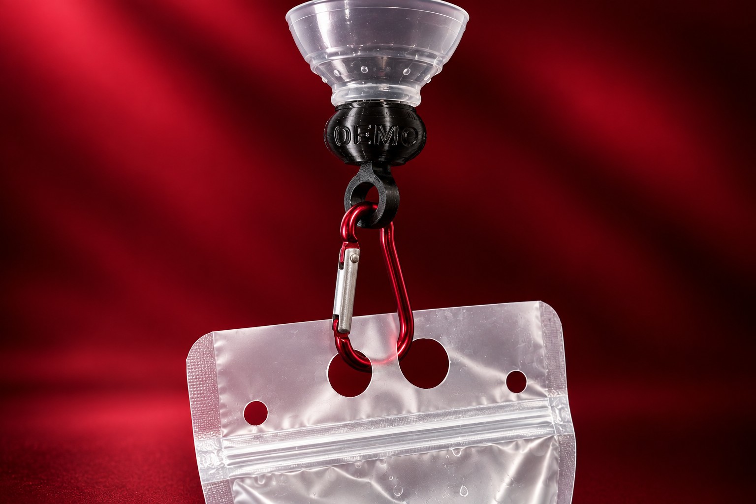 Water bottle hanging from a carabiner clipped to the Plastic Tugging Ring on a demo P-tainer