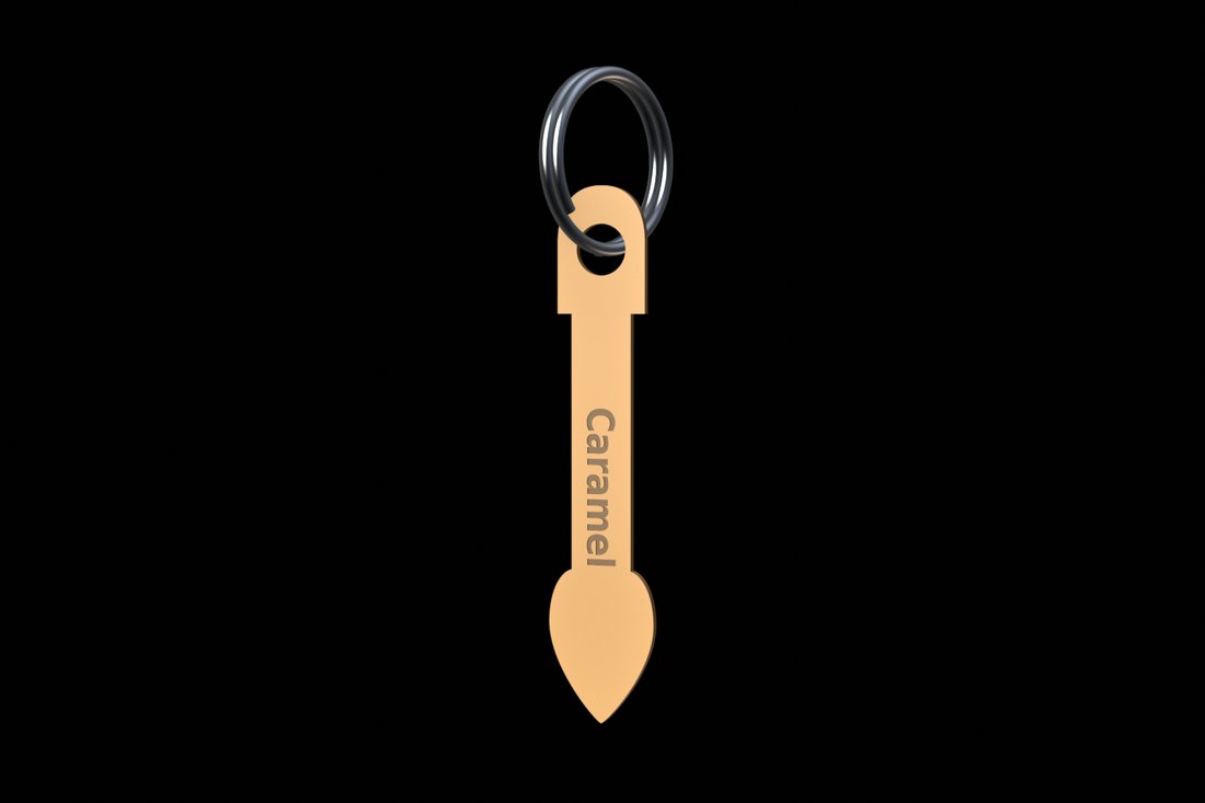 A single Caramel sample piece on a split ring, used as a keychain