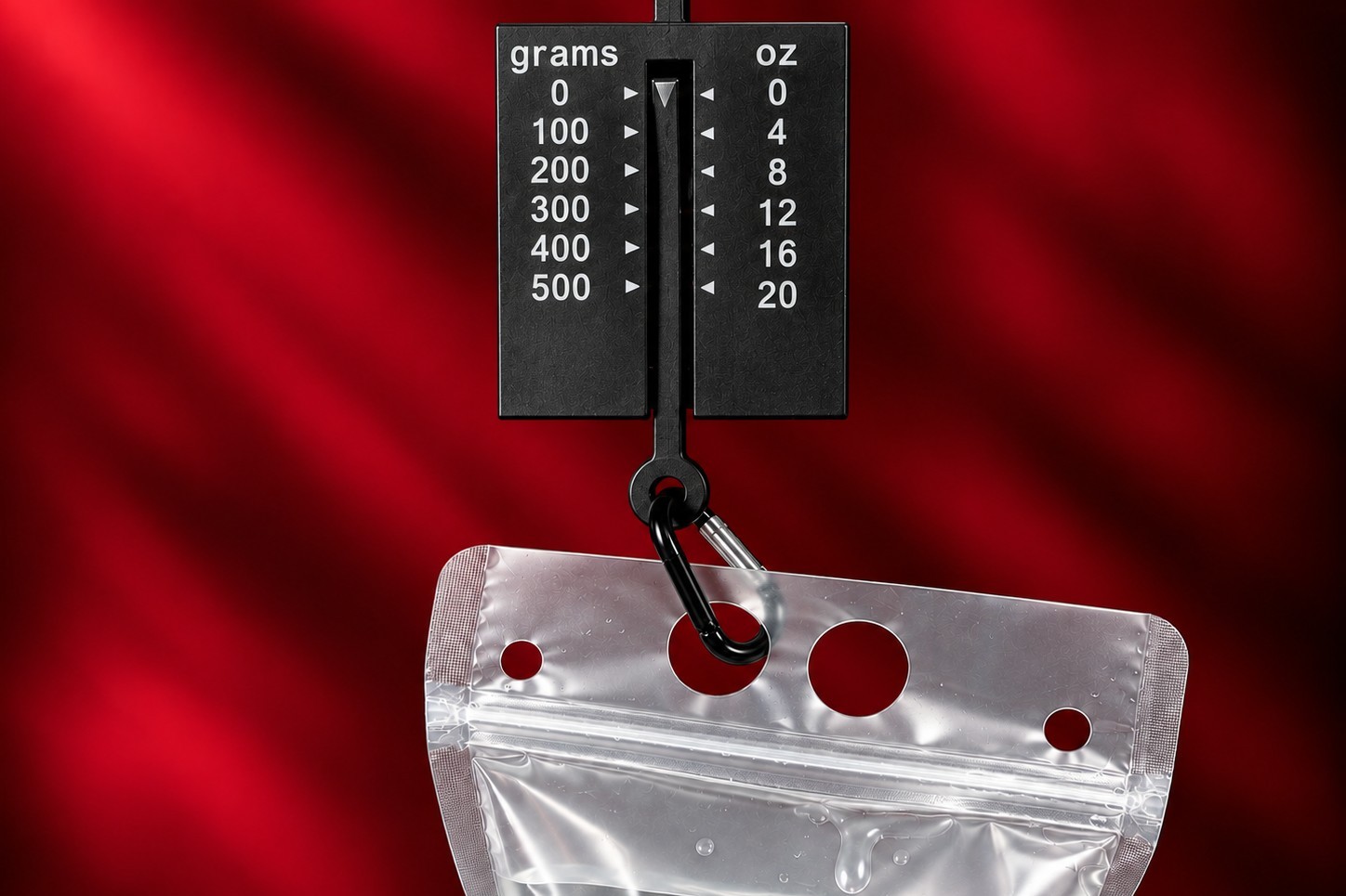 Collapsible water bottle hanging from the tension gauge, which reads in grams and ounces.