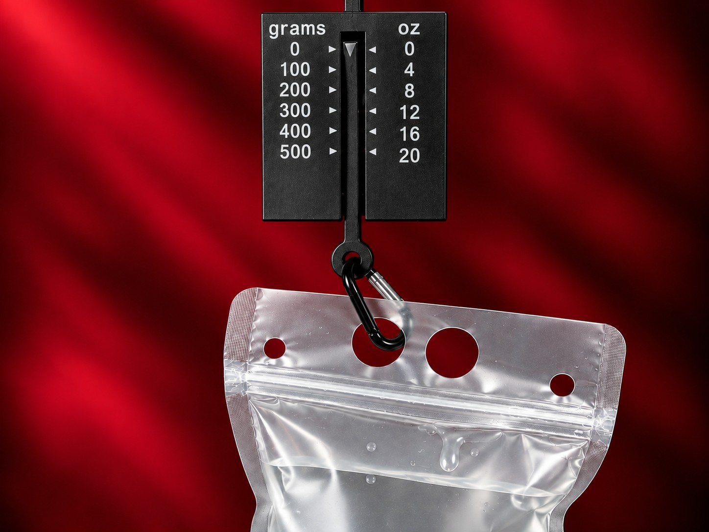 The collapsible water bottle clipped by its carabiner to the hanging tension gauge, which is marked in grams and ounces.