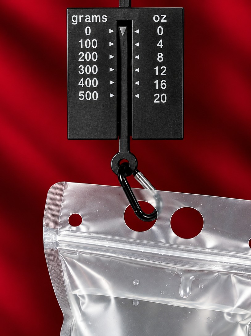 Close-up of the weight gauge showing its gram and ounce scales, with a water bottle hanging from it.