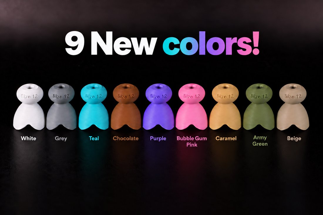 Nine Dishwasher Safe P-tainers in the new colors: White, Grey, Teal, Chocolate, Purple, Bubble Gum Pink, Caramel, Army Green and Beige. Digital render.