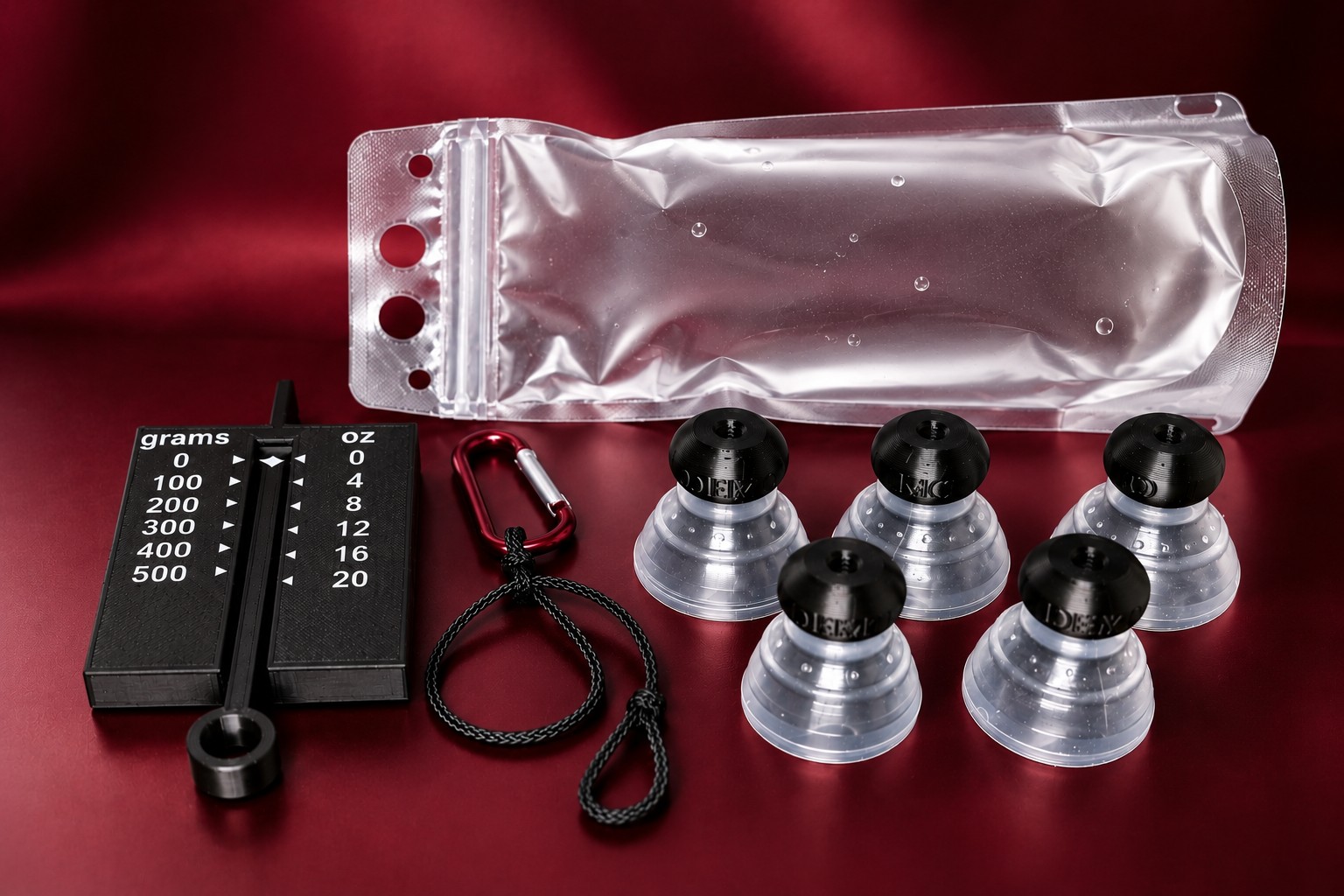 Everything in The Starter Kit: five demo P-tainers with grippers fitted, tension gauge, collapsible bottle and tugging string.