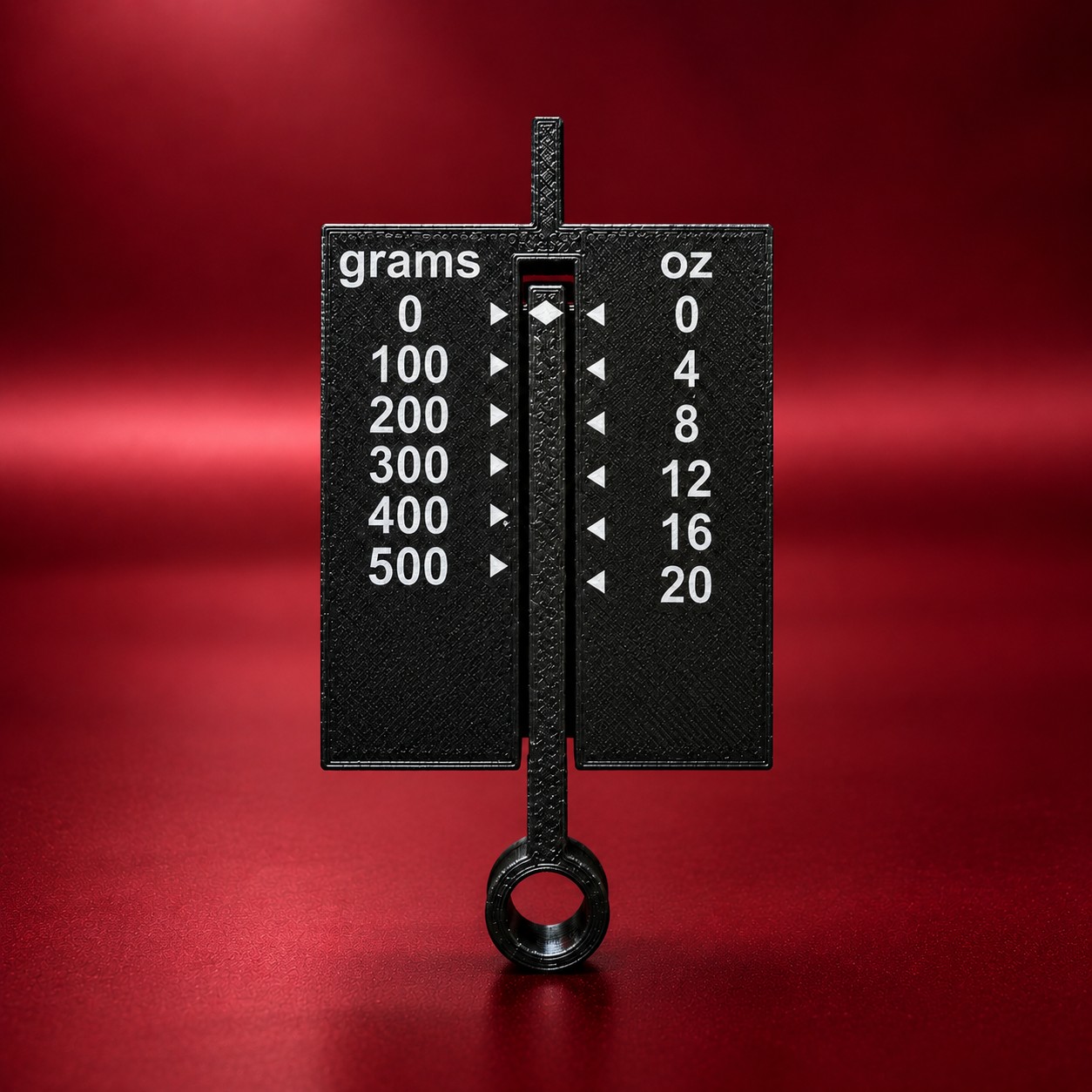 Close up of the tension gauge, marked 0 to 500 grams on one side and 0 to 20 ounces on the other.